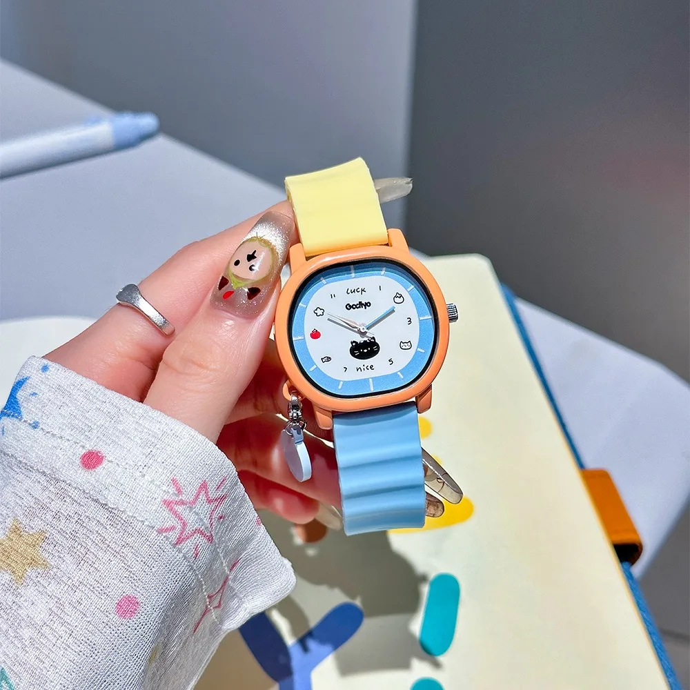Cute Cat Children Watch Dopamine Color Block Silicone Quartz Wristwatch Playful Student Watch with Pendant Best Watch for Women