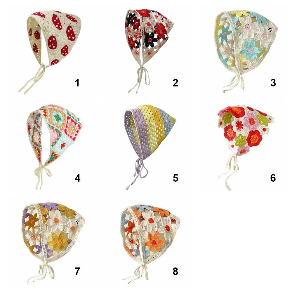 Multicolor Knitting Flower Headband French Retro Pastoral Style Triangular Turban Scarf Travel Beach Little Daisy