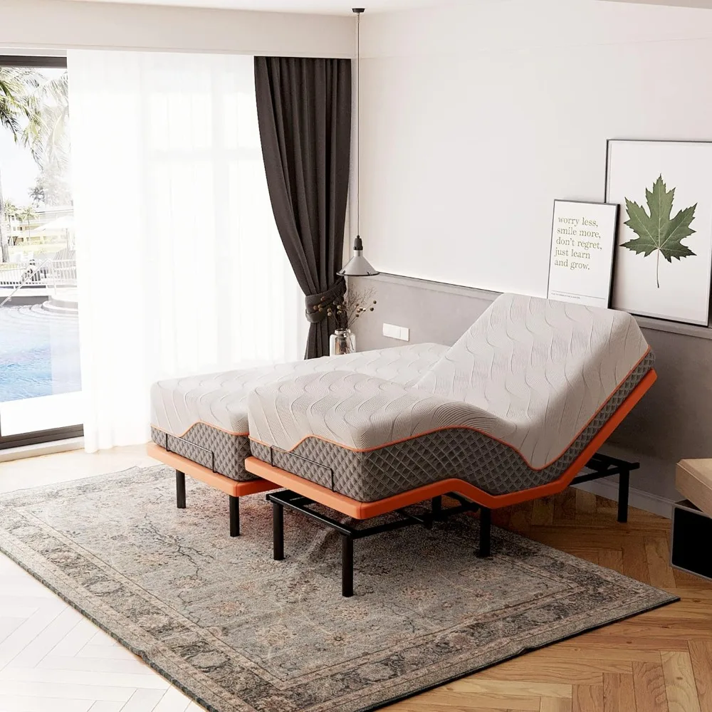 Bed, Split Kingsize Verstelbare Bedden Met Matras-Luxe Traagschuim Hybride Matras, Bed