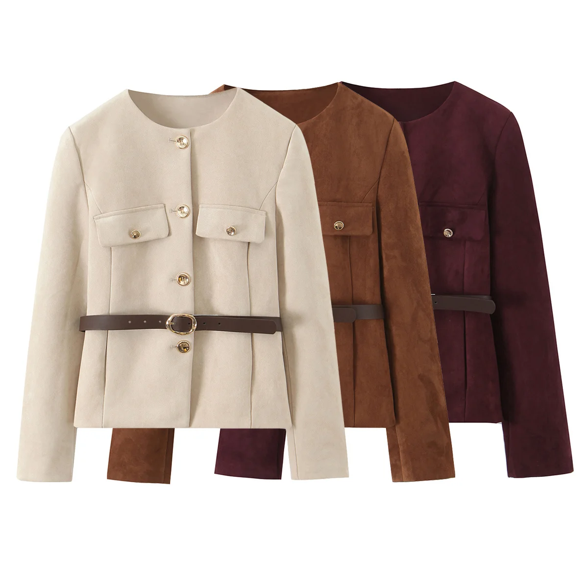 

DiYiG WOMAN 2025 autumn new fashion with belt suede texture effect suit retro long sleeve all-match round neck coat Outerwear