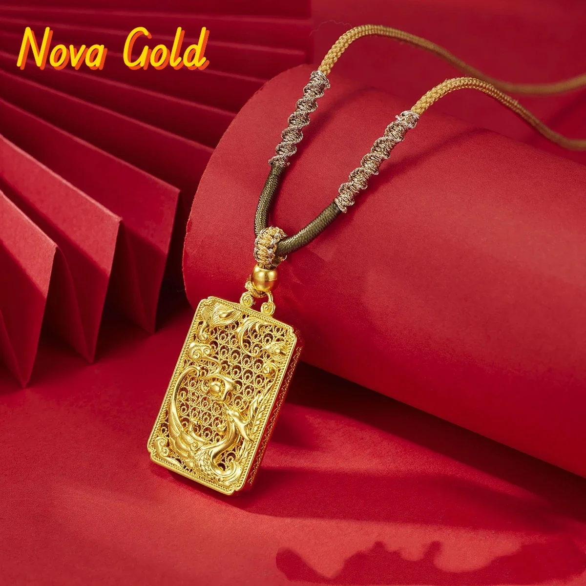 NovaGlod Gold store 24K real gold dragon and phoenix pendant phoenix brand au9999 pure gold rope couple necklace