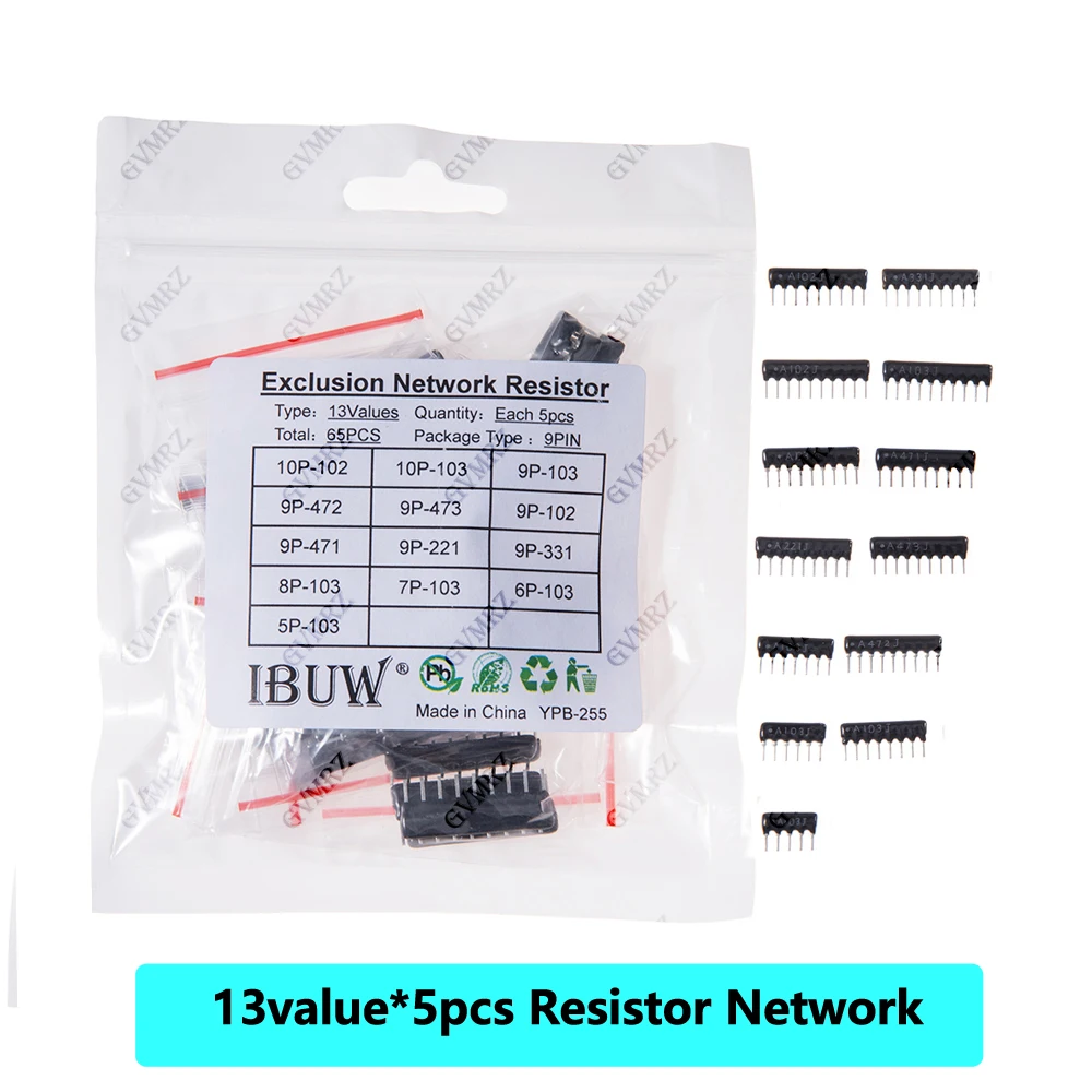 

Набор резисторных сетевых модулей (65 шт. = 13 номиналов * 5 шт.): 9A102, 9A103, 9A472, 9A221, 9A331, 8A103, 10A103, 9A471, 7A103, 5A103, 6A103