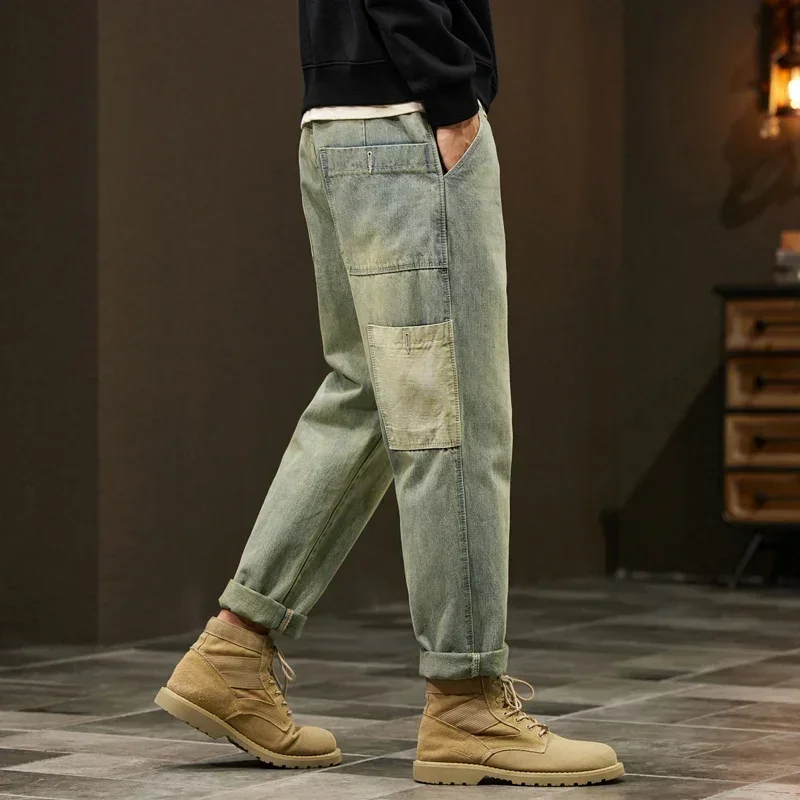 

Jeans Men Loose Fit Retro Blue 2024 Spring Wide Leg Pants Denim Trousers Korean Style Fashion Side Pocket Male Baggy Pants