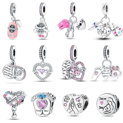 925 Silver Mother's Day Baby Shoe Bottle Clothing Pendants Pink Heart-shaped Charms Beads Fit Pandach Bracelets DIY Jewelry Gift
