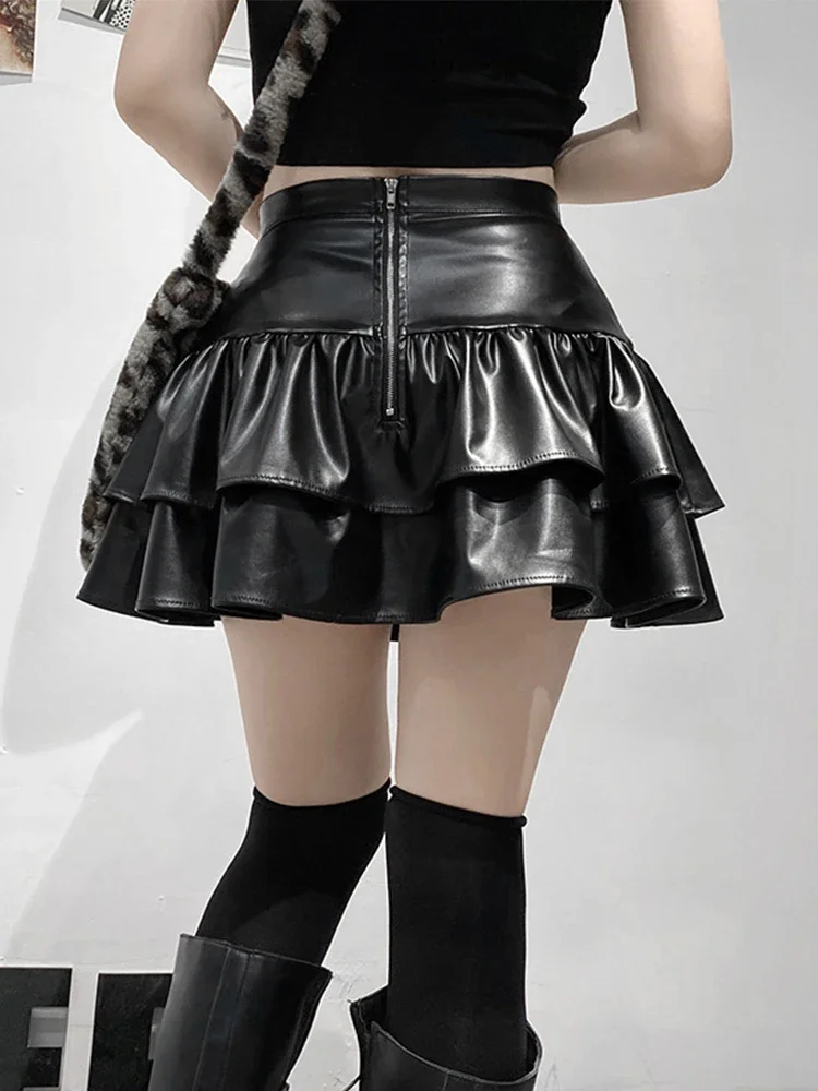 INSCUT-Mall Goth Pu Skirt Feminina, Y2K, Fairycore, Grunge, Cintura Alta, Cordões, Espartilho, Bolo, Streetwear, Emo Indie, Roupa de Clubes, 2021