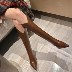 Krazing Pot Cow Leather Pointed Toe Thick High Heels Winter Knight Boots Model Runway Show Superstar Slip On Thigh High Boots