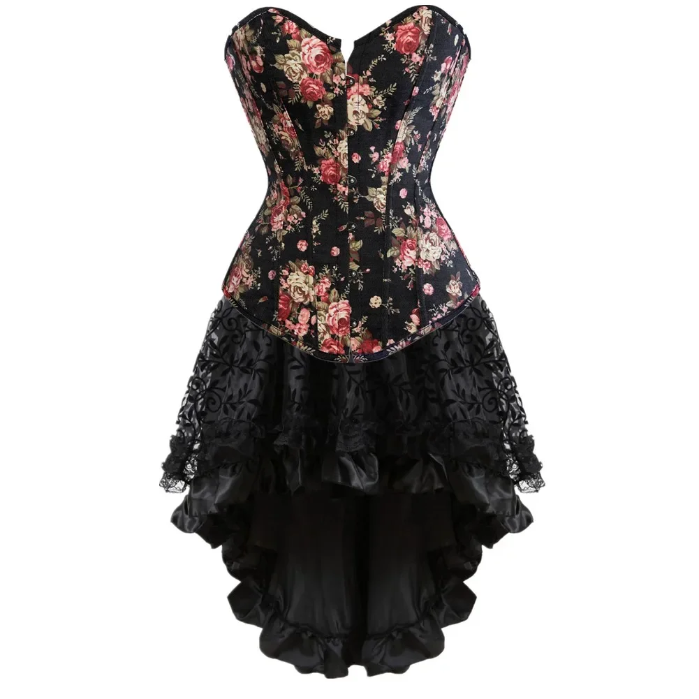 

Sexy Floral Print Overbsut Corset Top Plus Size Victorian Women's Lingerie Bustier Burlesque Gothic Vintage Lace Skirt Costumes