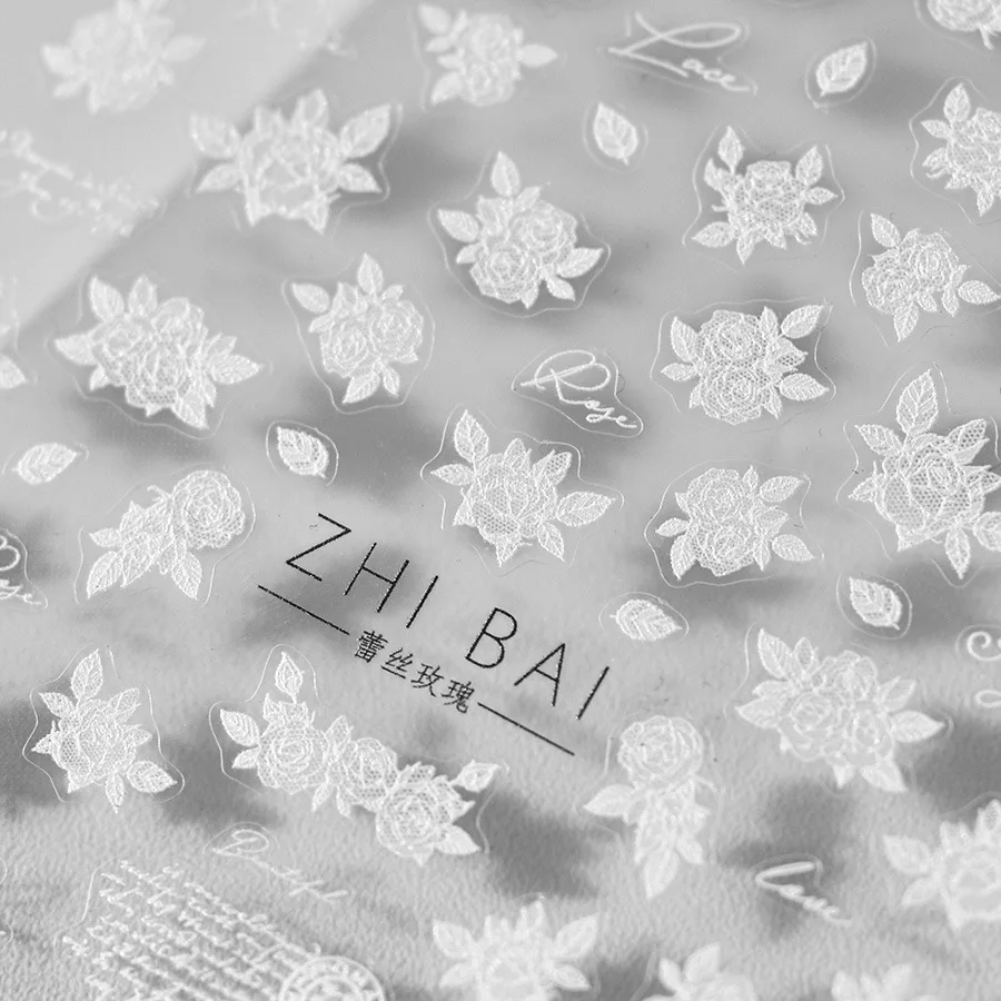 Black White Lace Rose Nail Design Stickers 3D Thin Nails Decorations Stickers Self Adhesive Manicure Decals DIY Nails Accessory