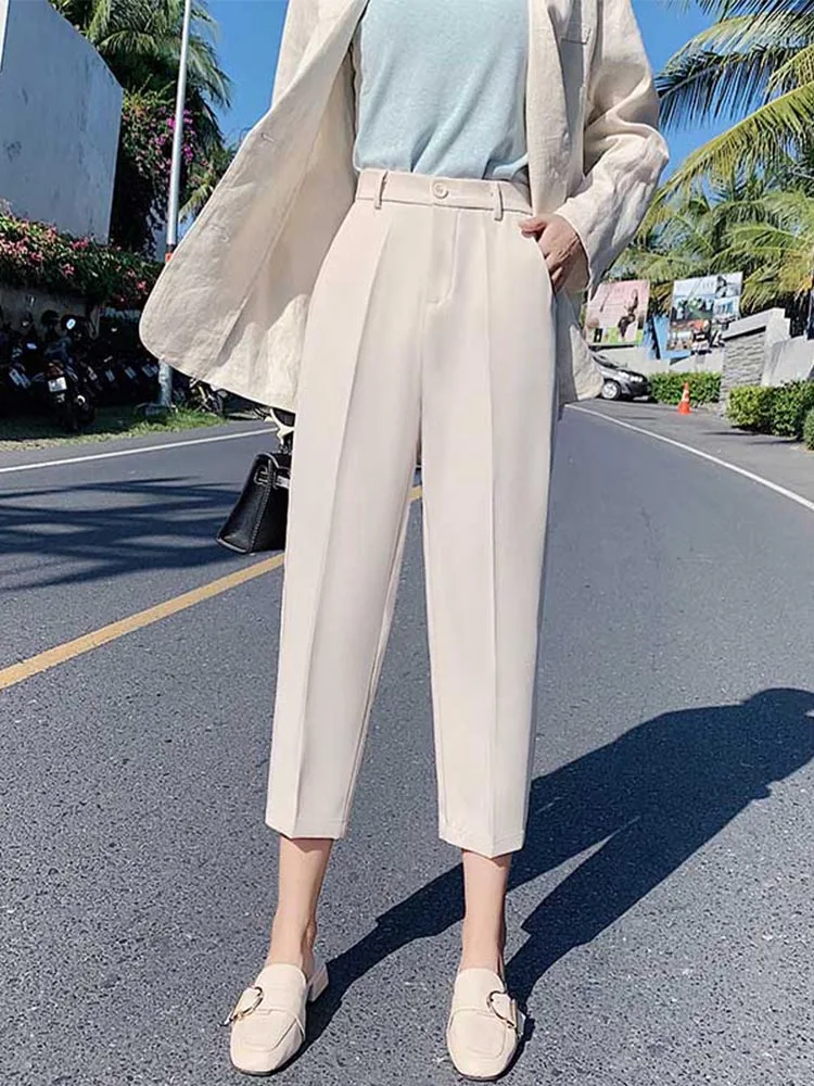 Pak Broek Vrouw Hoge Taille Broek Office Lady Harem Broek Vrouwen Broek Zwart Beige Koreaanse Mode Hoge Kwaliteit Capri 'S