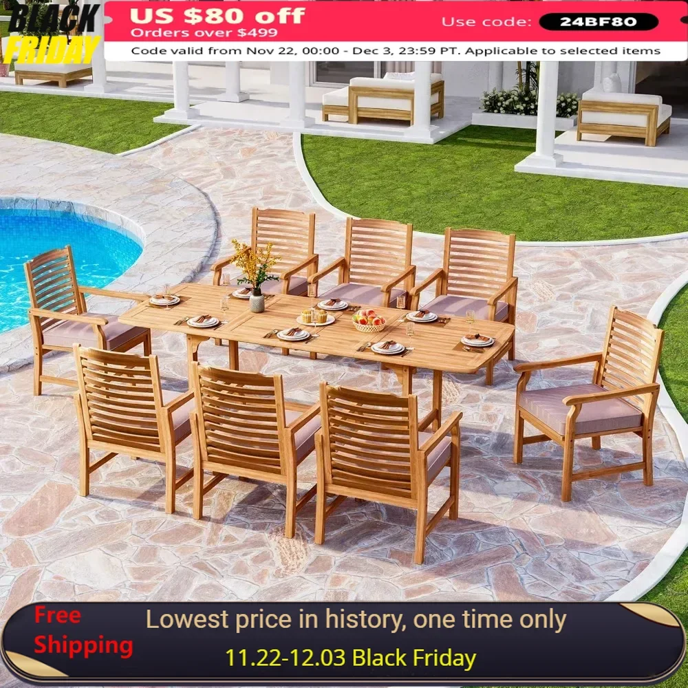 

9 Pieces Acacia Wood Patio Dining, Expandable Teak Dining Table & Wooden Chairs with Cushions, Garden Furniture Sets