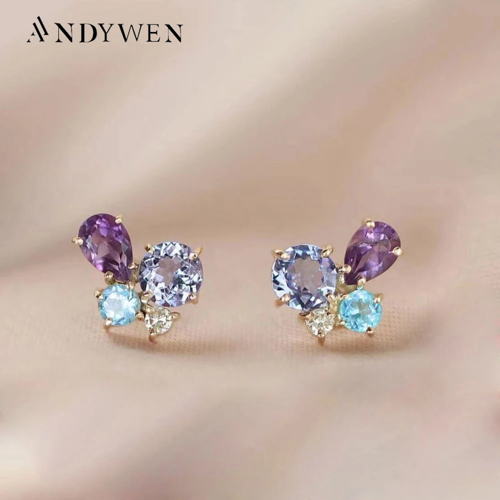 ANDYWEN 925 Sterling Silver Gold Luxury Zircon Purple Blue Zircon Stud Earring Piercing Women Wedding Jewelry For Luxury Jewels