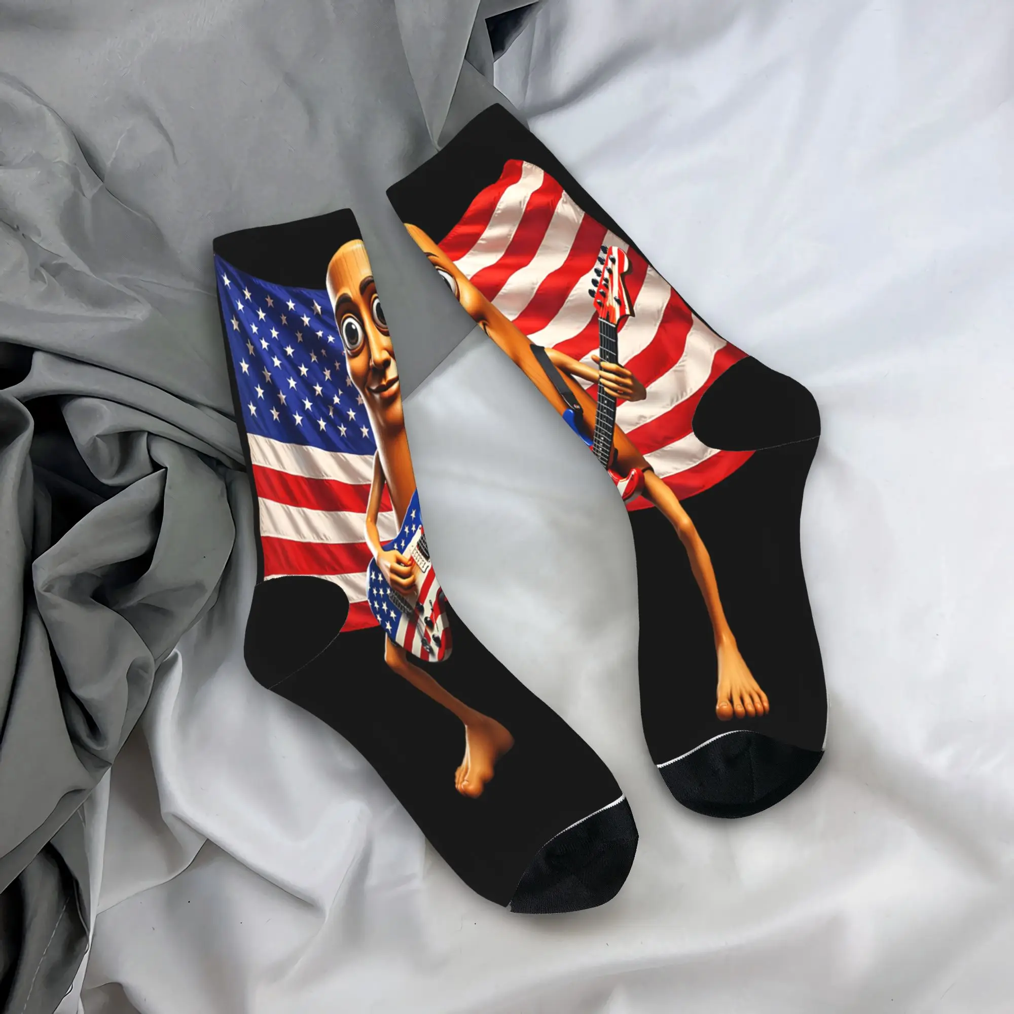 

Brainrot 4th July US Flag America Tung Sahur Electric Guitar Stockings Elegant Socks Autumn Anti Socks Men Outdoor Warm Socks
