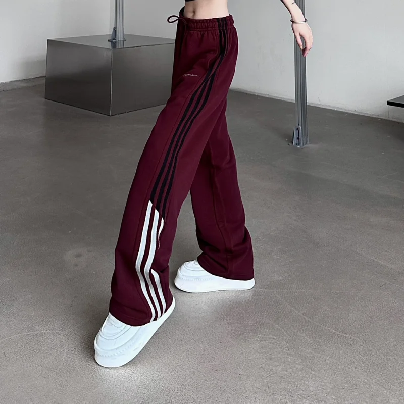 Harajuku donna Oversize vino rosso pantaloni sportivi a righe primavera autunno elastico in vita Hip Hop Streetwear pantaloni sportivi pantaloni