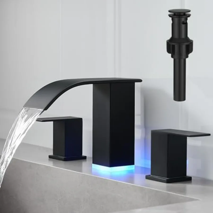 

LED Bathroom Faucets Set Matte Black 8 inch Bathroom Sink Faucet 3 Hole with Pop Up Drain Widespread Lavatory Waterfall Vanity