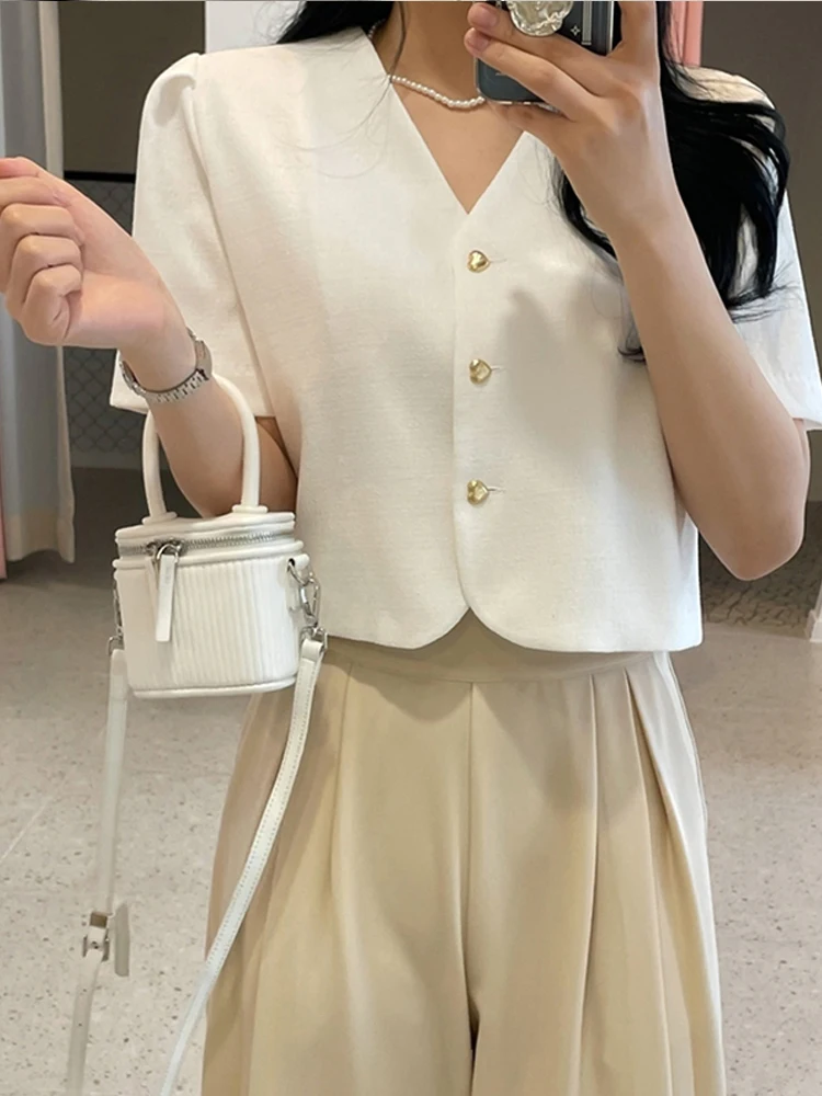 

Chic ort Bubble Sve Jaet Women's Button Ele Faion Spring New Arrival Commute Loose Fit V-Ne Single Button