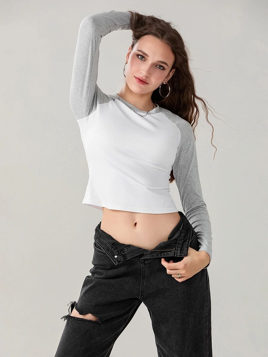 wsevypo Womens Patchwork Crop Tops Fall Spring Raglan Long Sleeve Round Neck Short T-Shirt Casual Basic Tees Streetwear image 5