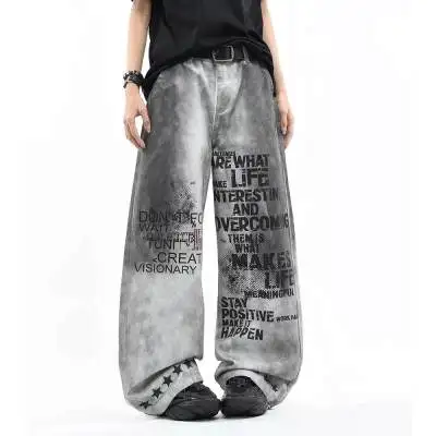 Y2K men Jeans vintage American Pattern letter jeans streetwear gothic Harajuku Hip Hop men women Fashion Casual wide leg jeans