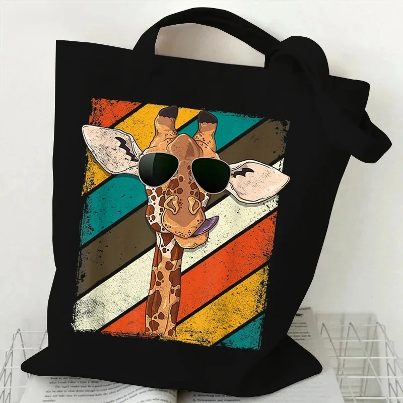 Vintage Giraffe Print Lightweight Pattern Designer Shopper Bag Heartbeat Giraffe Reusable Folding Design Canvas Shopping Bags