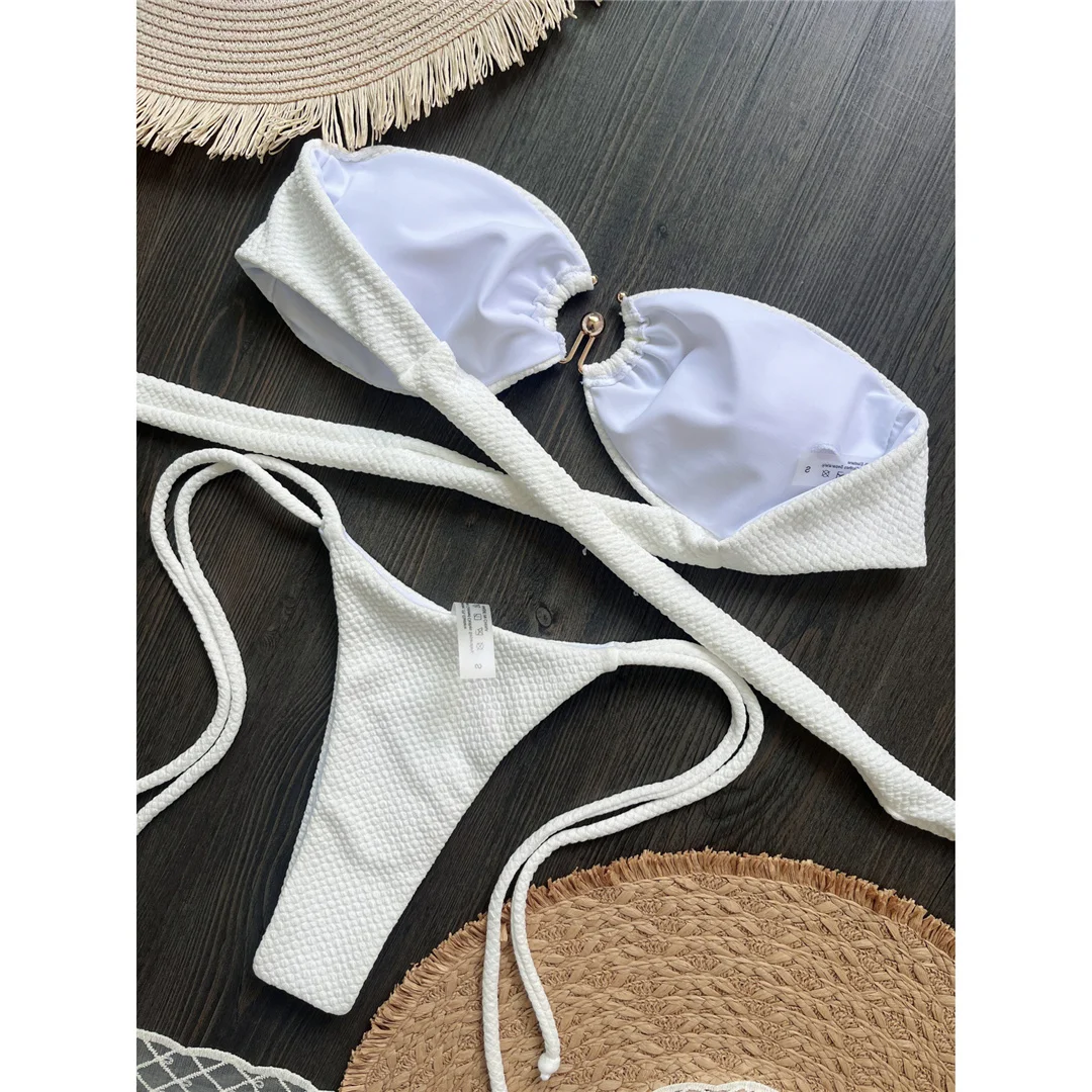 Neuer Bikini mit Faltenmuster, Bandeau-Oberteil, Metallring, Tanga-Schnitt, Damen-Badebekleidung, zweiteiliges Bikini-Set, Badeanzug, Badebekleidung, Modell V6403. – Detail 7