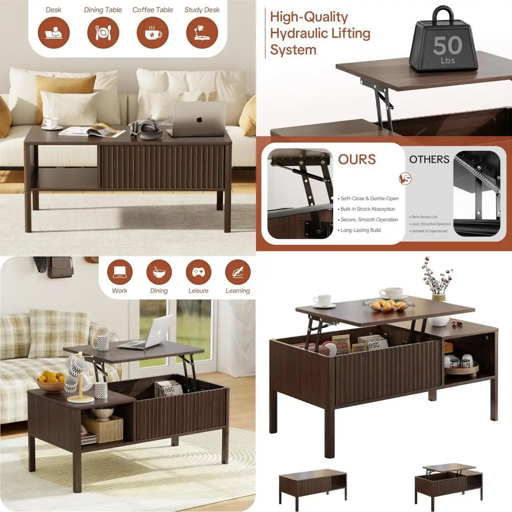 

Modern Rectangular Coffee Table with Fluted Lift Top, Hidden Storage, Large Capacity, Smooth Lift Mechanism, Rounded Edges, Easy