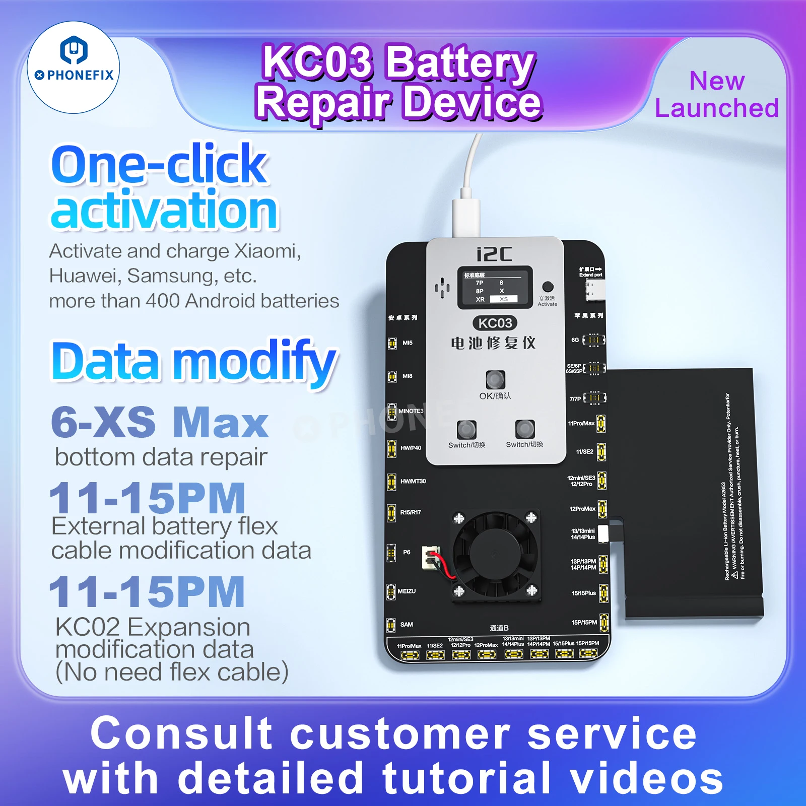 i2C KC03 KC02S for IPhone 6-15PM Dual-channel Running Cycle Battery Fast Charging One-click Activation Efficiency Modify Tools