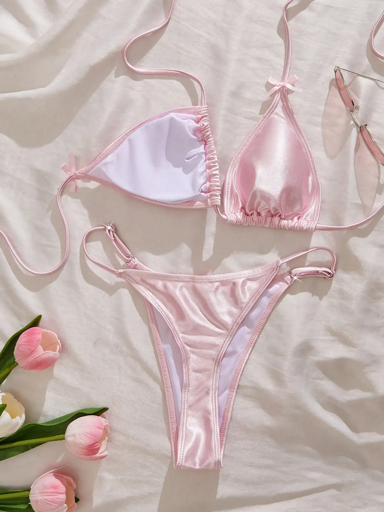 

Sexy Satin Shiny Pink Bikini Set Triangle Neck Bow Detail Women Swimwear