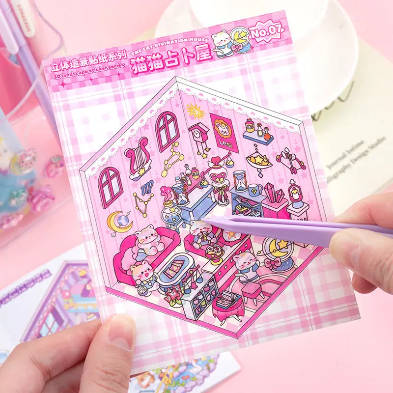 مجموعة 10 في 1 لمشهد مصغر، مادة كابينة مجسمة ثلاثية الأبعاد، ملصقات يدوية لطيفة لتخفيف الضغط