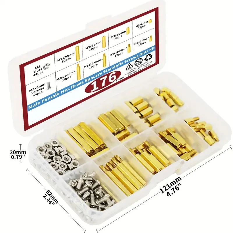 176 Pieces Brass Hex Spacer Assortment Kit M3 Male Female Motherboard Standoff Nuts Screws Set DIY PC Laptop Assembly Hardware F