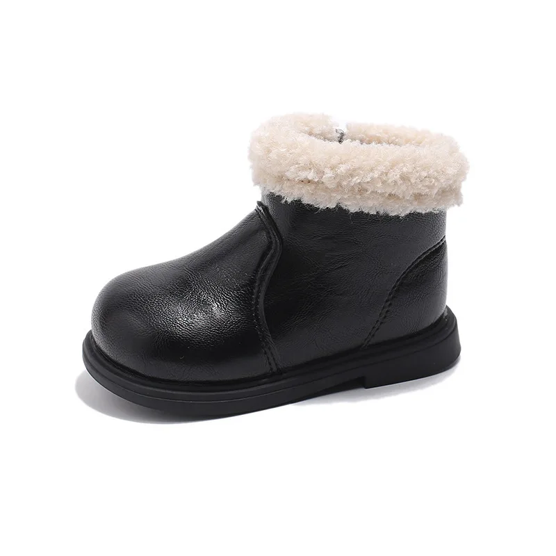 

2025 New Autumn & Winter Girls' Solid-Color Fleece-Lined Mid-Calf Leather Boots Trendy and Versatile Kids' Footwear