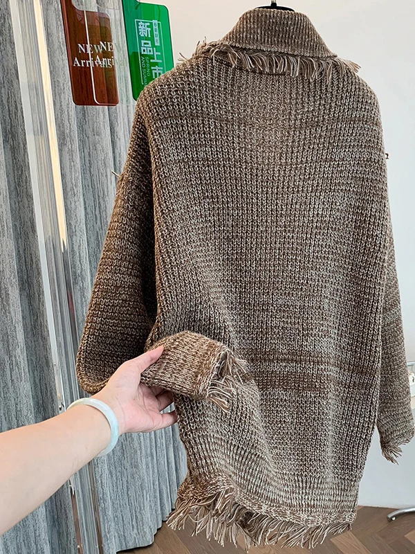 فضفاضة تناسب سترة مشغولة من الصوف المرأة عادية Sle الخريف الشتاء جديد وصول المتوترة شرابة زر حتى أعلى كسول شيك ملابس خارجية #2