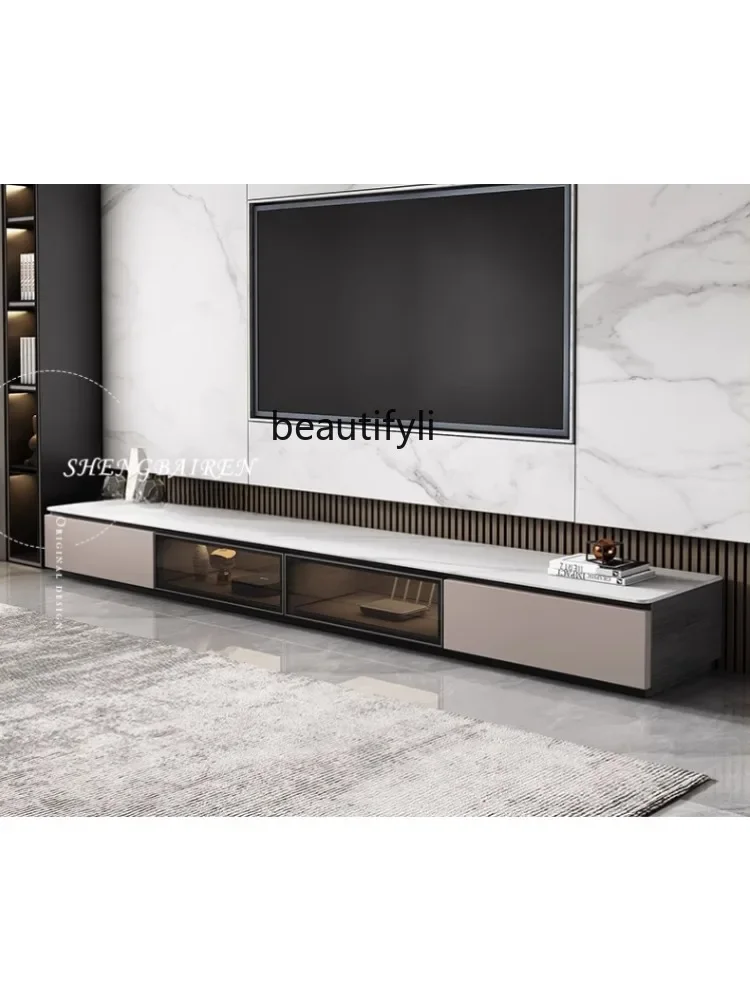 

Rounded Floor TV Cabinet Light Luxury High-Grade Deck Living Room Small Apartment White Solid Wood Stone Plate Floor Cabinet
