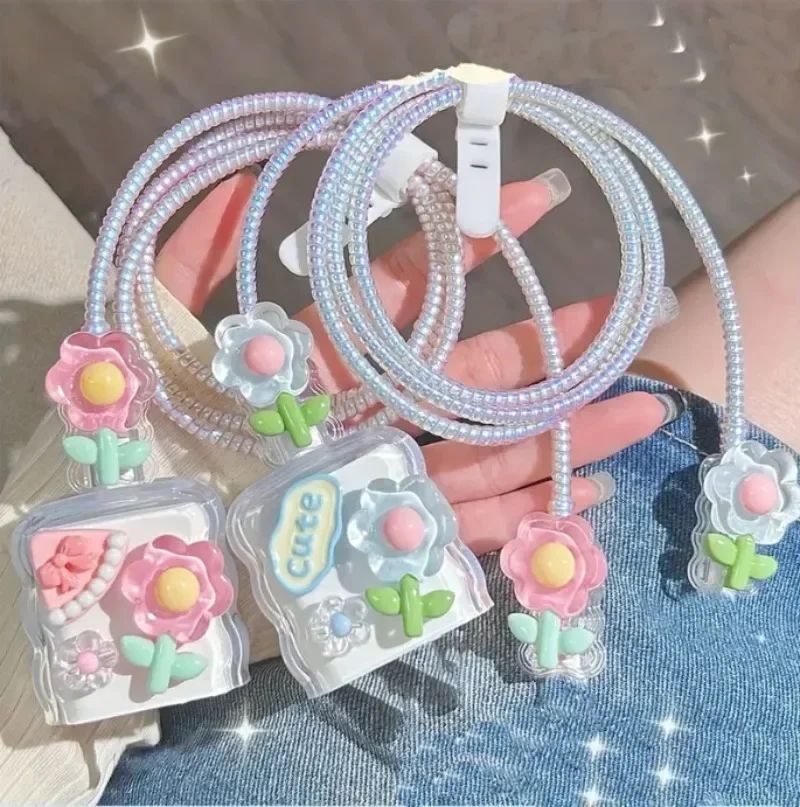 

18W 20W 3D Flower Charger Protector Cable Organiser for iPhone 14 13 Pro Max Love Heart Data Cable Management Cord Winder Kit