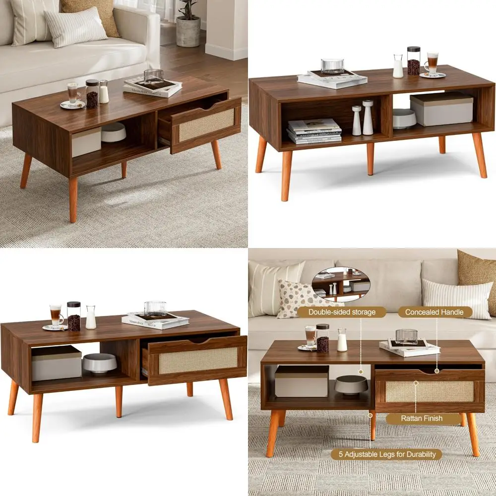 

Журнальный столик для хранения с ящиками из ротанга в богемном стиле и ножками из орехового дерева для гостиных