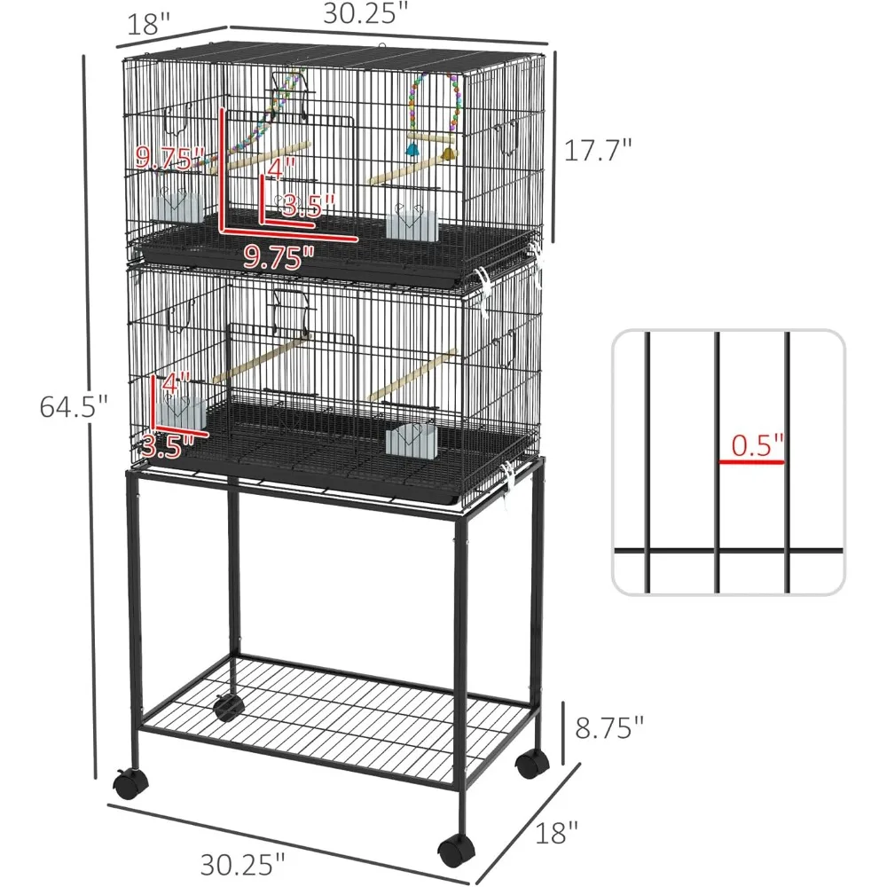 Double Stackable Bird Cage with Stand, Wooden Swing,Rope Ladder & Wheels for Canaries,Lovebirds Finches,Budgie Cage with Storage