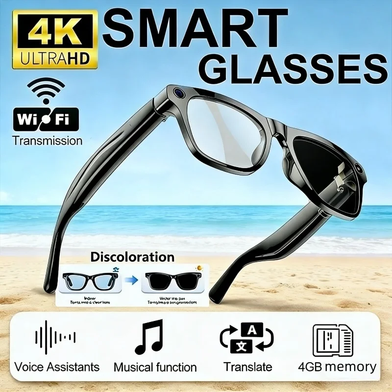 2026 New 4K HD Color Changing AI Smart Glasses Chat GPT 100MP Camera Bluetooth Call Voice Assistant Control Motorcycle Glasses