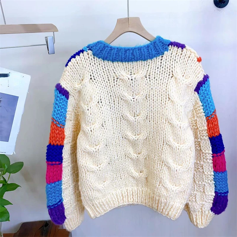 Women Colorful Chunky Knit Sweater Handmade Bulky Cardigan Warm 2023 Autumn Winter New In