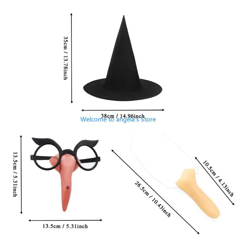 X4YC هالوين الساحرة تأثيري اكسسوارات المرأة الساحرة زي قبعة الساحرة والأنف الاصطناعي مجموعة للنساء حفلة تنكرية تأثيري