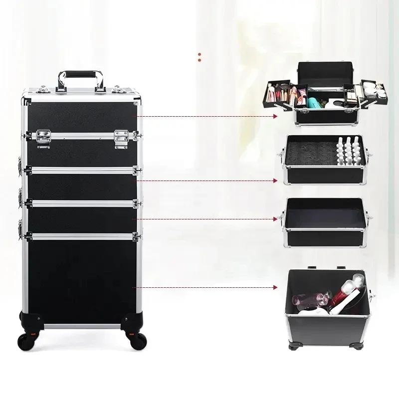 Professional  Large Aluminum Makeup Train Case Nail Polish Organizer Lockable Travel Rolling Makeup Trolley Case