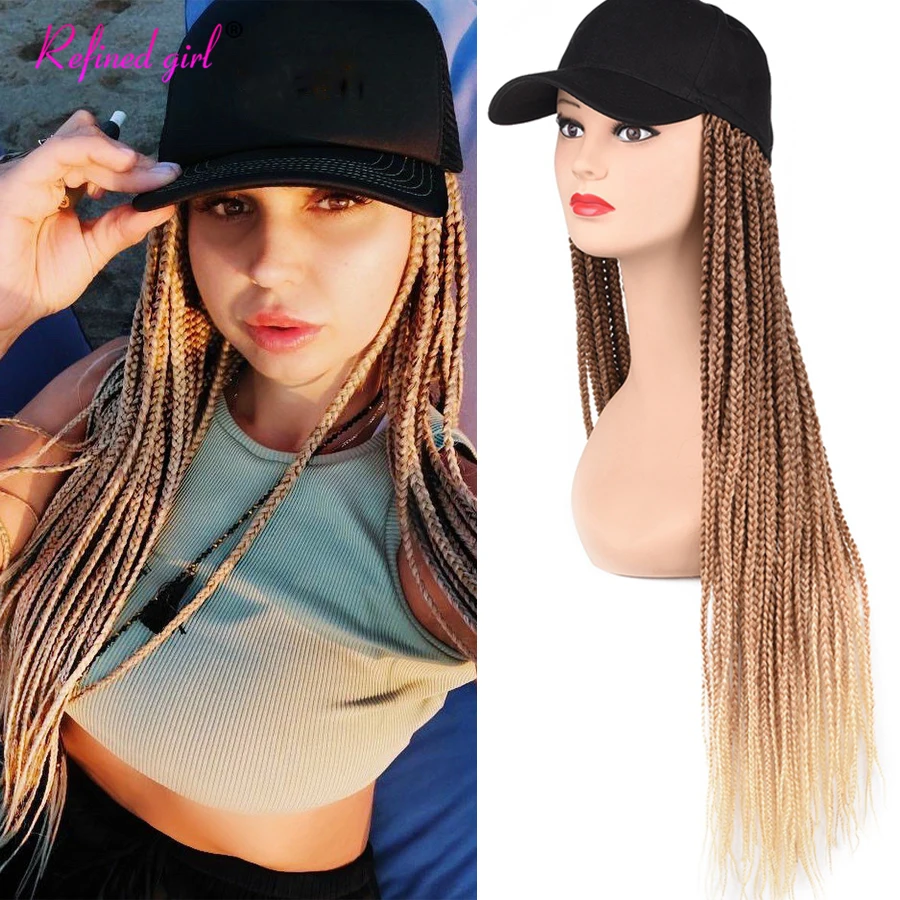 

24inch long Braid Hair with Hat Baseball Cap Wig Braided Box Braids Attached for Women Girls Hat with Braiding Hair Extensions