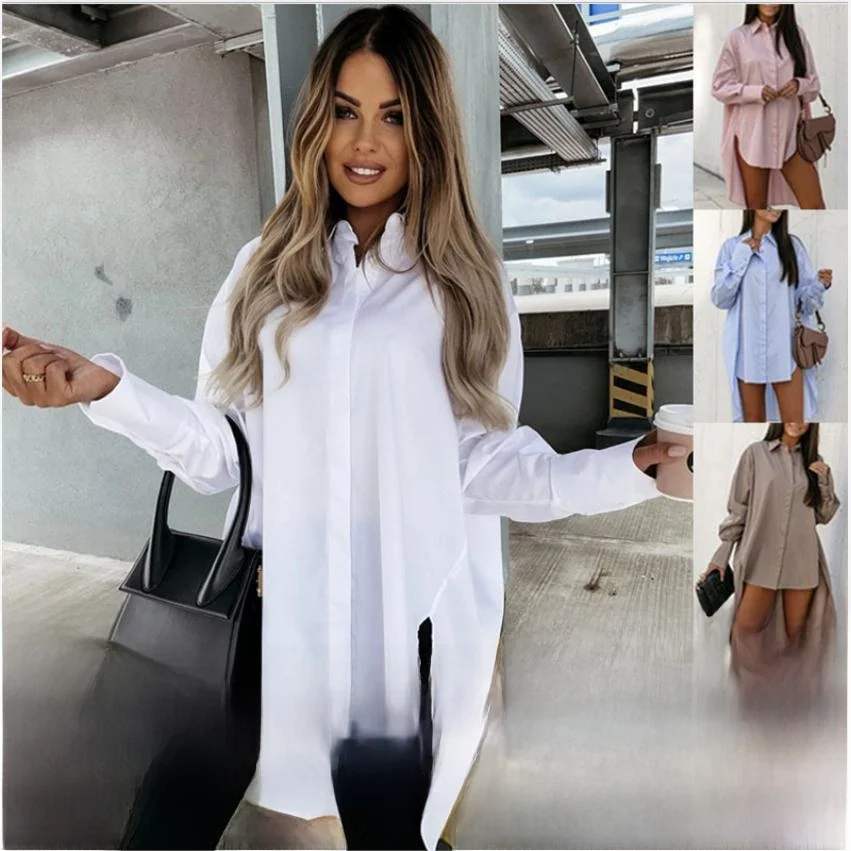 

Весна-лето, новая белая женская повседневная блузка свободного покроя с воротником-стойкой и асимметричным разрезом на одной пуговице