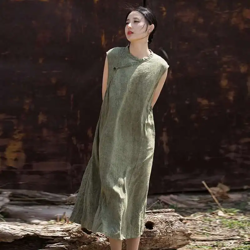UMI MAO – Robe d'été fine, élégante, en lin et coton, faite à la main, teint par nouage, Style chinois, originale, sans manches, robes longues pour femmes