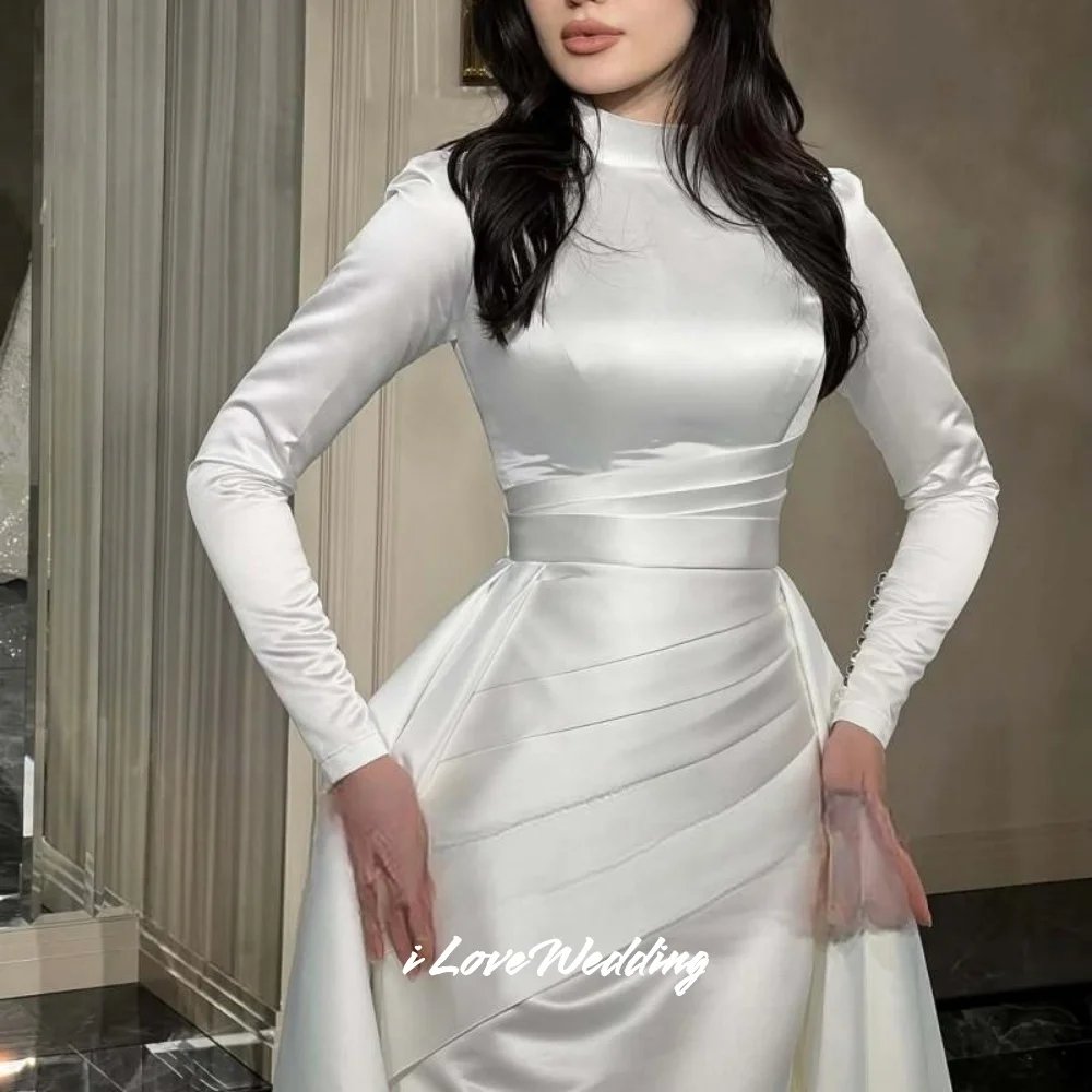 Simple High Neck Wedding Dresses 2025 Long Sleeve Mermaid Trailing Arabic Bridal Gowns Muslim Dubai Simple Pleated Customized