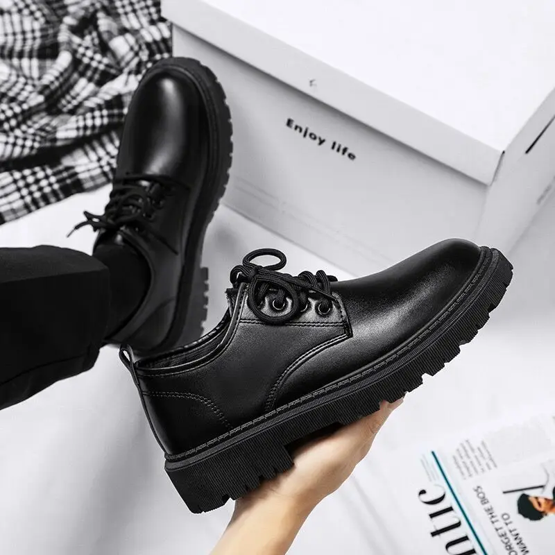 Men new breathable shoes Black waterproof leather footwear Thicksoled versatile fashion sneakers Casual comfort male board shoes