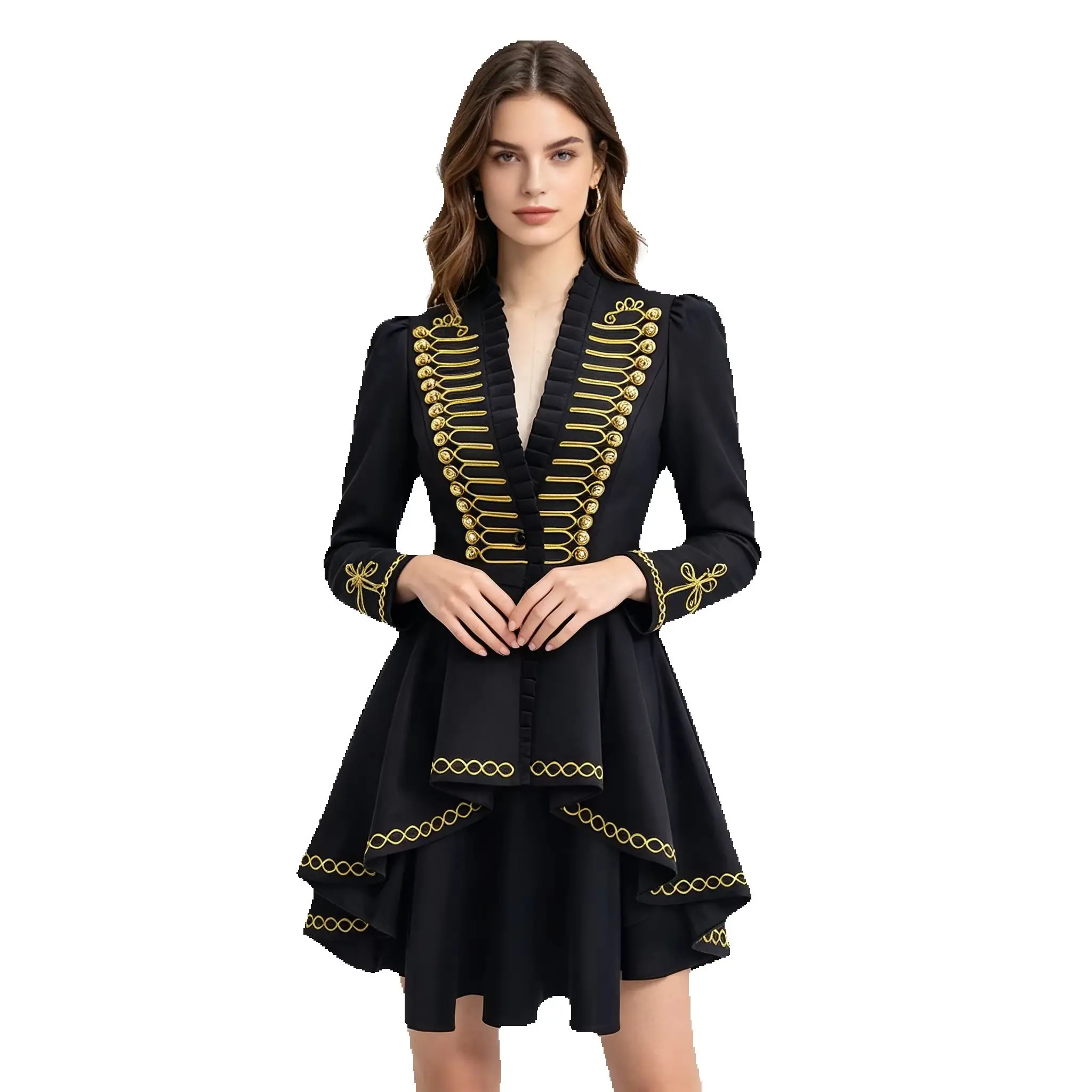 Disfraz de Mujer Estilo Gótico Steampunk, Vestido Militar con Adornos Negros y Dorados, Chaqueta con Volantes y Dobladillo Asimétrico, Uniforme de Oficial Victoriano Napoleónico