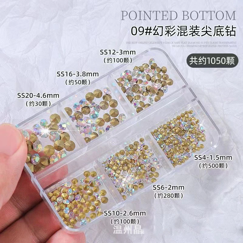 6Grids/Box Nail Art Rhinestone Mixed-Size Crystal 1000pcs Pointed Bottom Non Hotfix Nail Diamond Colorful Manicure Drill ZD*89