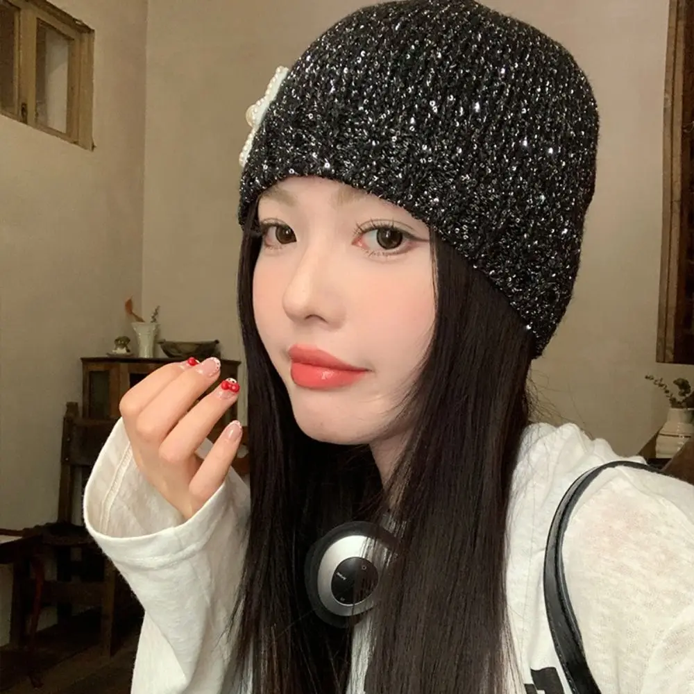 

Fashion Vintage Sequin Knitted Hat Bowknot Jennie Style Beanie Hat Hollow Thin Woven Cap Autumn