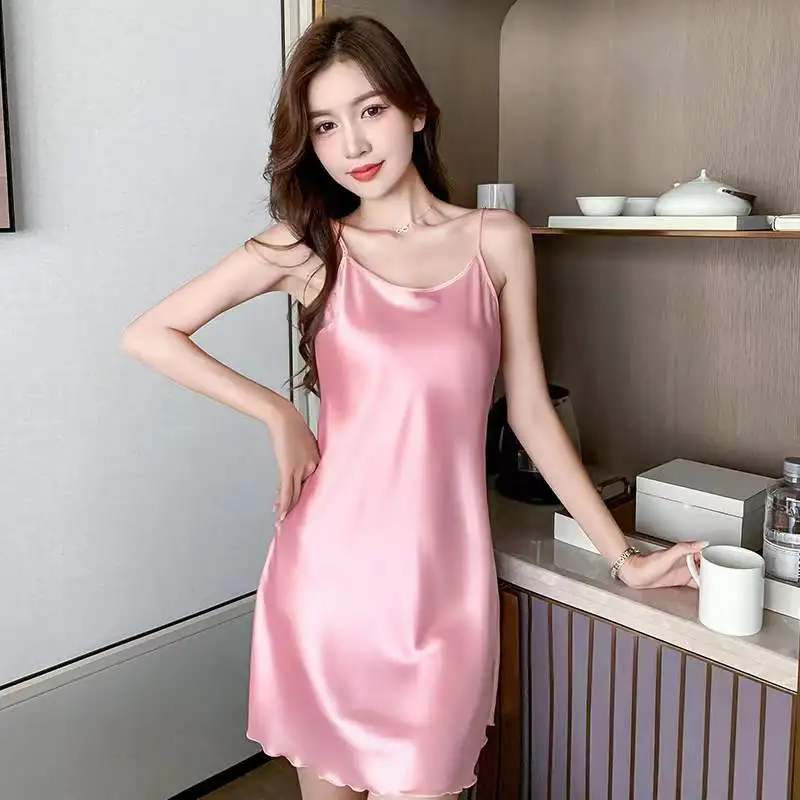 Solid Color Sexy Pajamas Women\'s Silk Thin Suspender Nightdress Pink Nightgown Women Night Wear Lace Sleepwear