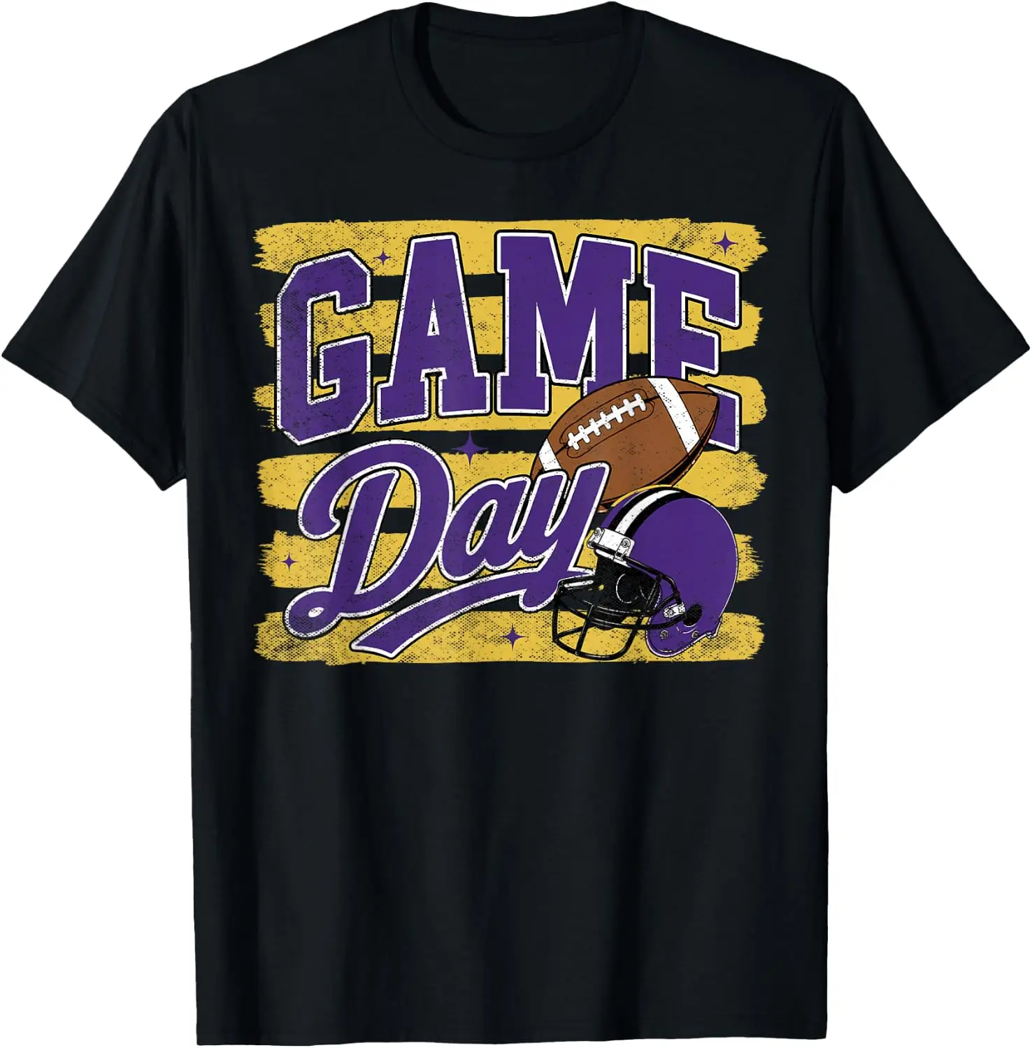Purple & Gold Game Day Team High School Football Cheer Mom T-Shirt Men Women Unisex Novelty Graphic T‑Shirt, Classic Crew Neck 100% Cotton Tee, Lightweight Anti‑Pilling Breathable Casual Tops, Year‑Round Daily Outfit, Holiday Birthday Present Tee