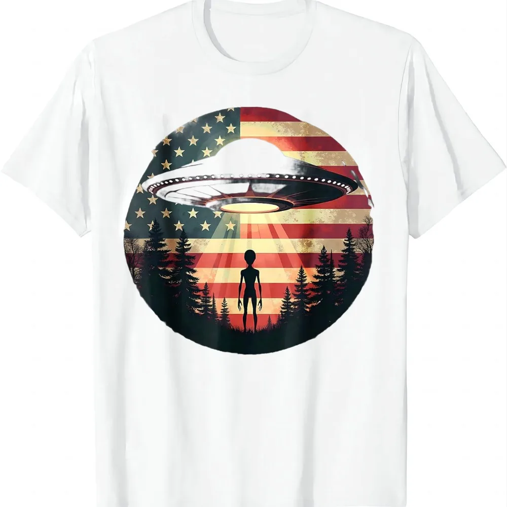 Alien/Extraterrestrial UFO American Fl Sci-Fi Patriotic T-Shirt Unisex Summer Streetwear Tops Casual Graphic T Shirts