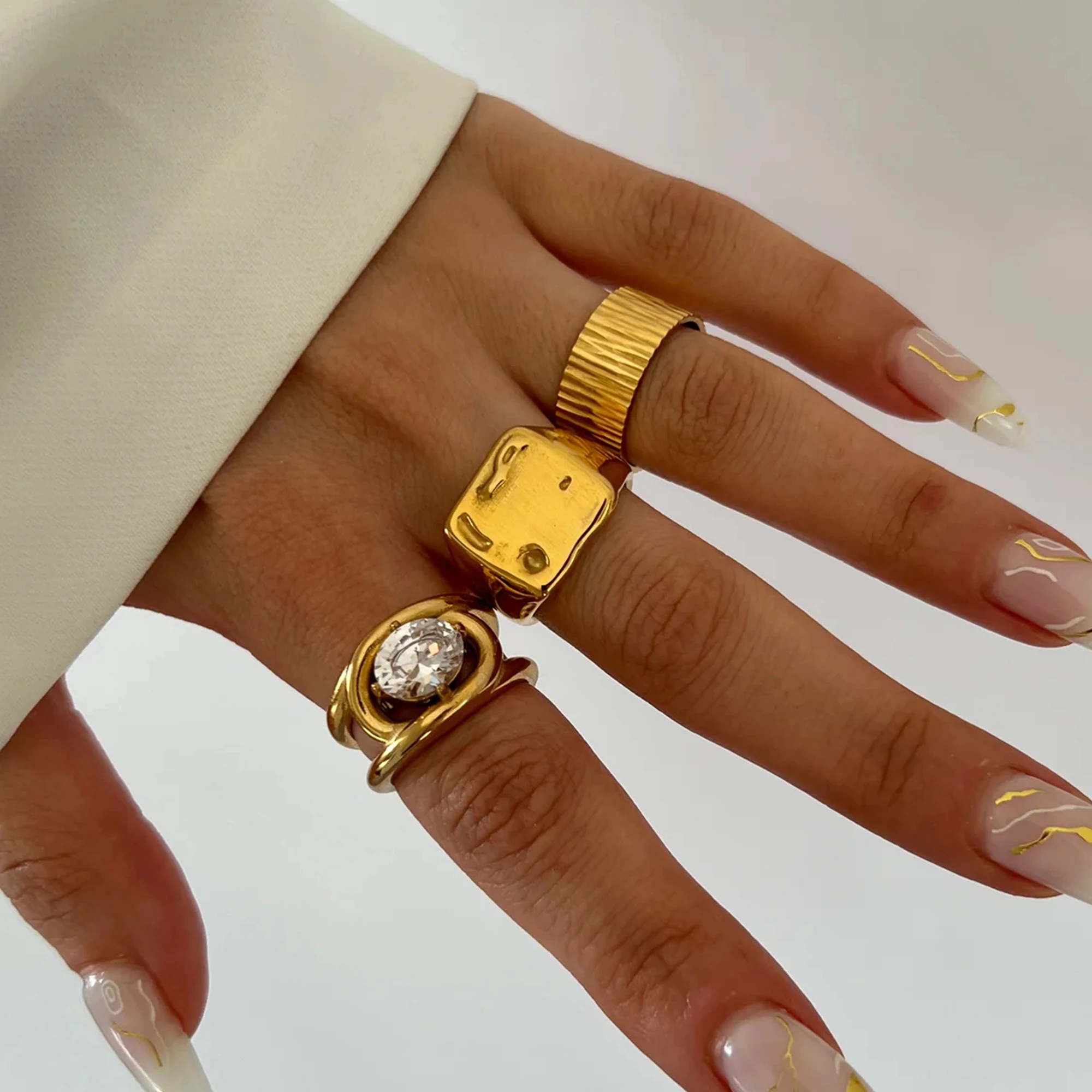Big Oval Stone Statement Rings for Women Minimalist Dainty Boho 18k Gold Plated Stainless Steel Tarnish Free Jewelry Waterproof